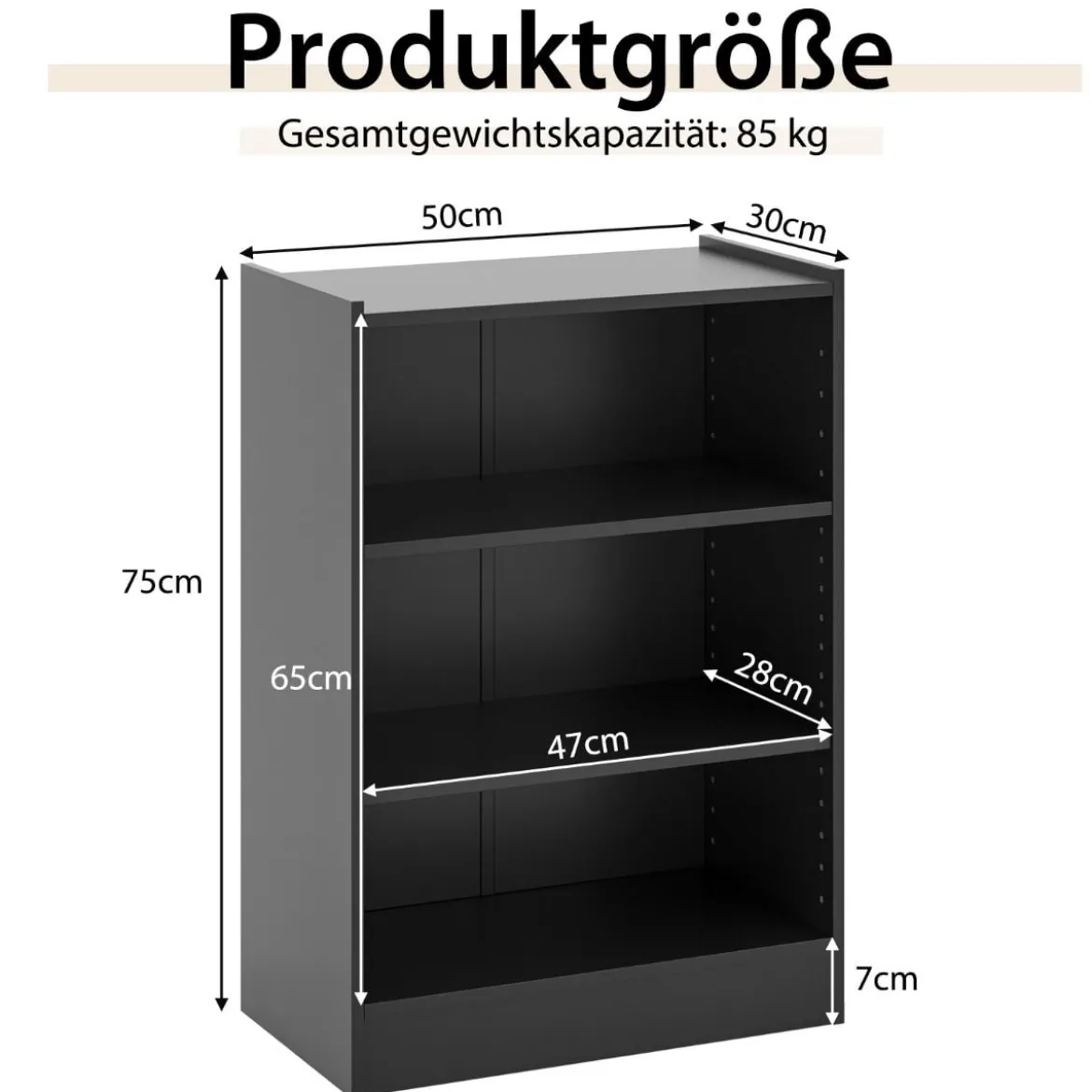 Bücherregal Standregal mit 3 Fächern Regal mit verstellbaren Regalen Schwarz 50 x 30 x 75 cm