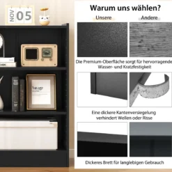 Bücherregal Standregal mit 3 Fächern Regal mit verstellbaren Regalen Schwarz 50 x 30 x 75 cm