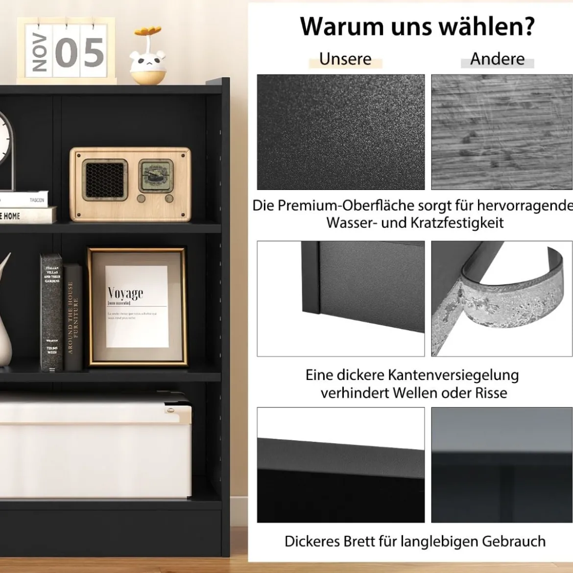 Bücherregal Standregal mit 3 Fächern Regal mit verstellbaren Regalen Schwarz 50 x 30 x 75 cm