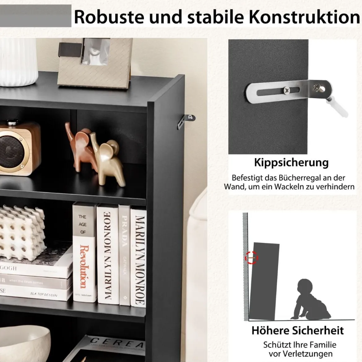 Bücherregal Standregal mit 3 Fächern Regal mit verstellbaren Regalen Schwarz 50 x 30 x 75 cm