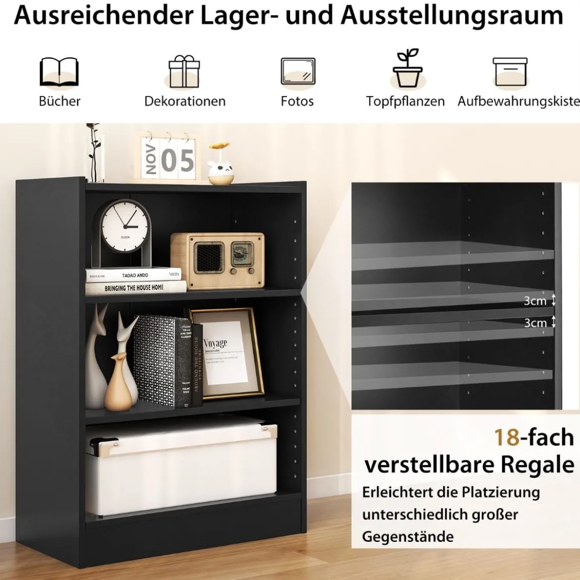 Bücherregal Standregal mit 3 Fächern Regal mit verstellbaren Regalen Schwarz 50 x 30 x 75 cm