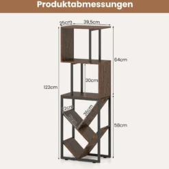 Bücherregal Standregal mit 3 offenen Ebenen & baumförmiges Regal platzsparendes Eckregal 39,5 x 25 x 122cm Rustikales Braun