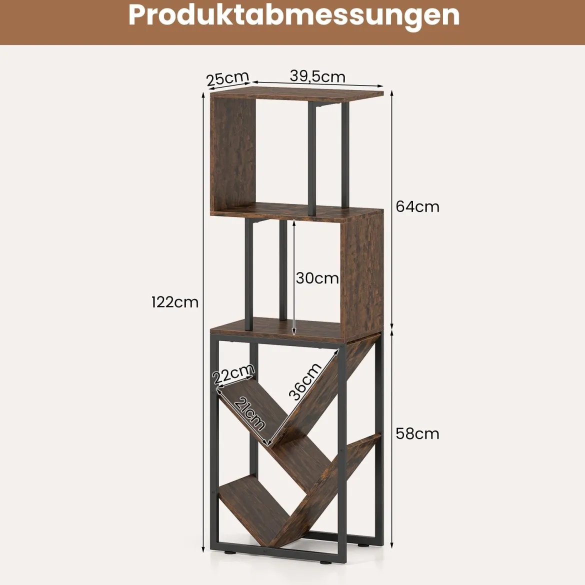 Bücherregal Standregal mit 3 offenen Ebenen & baumförmiges Regal platzsparendes Eckregal 39,5 x 25 x 122cm Rustikales Braun