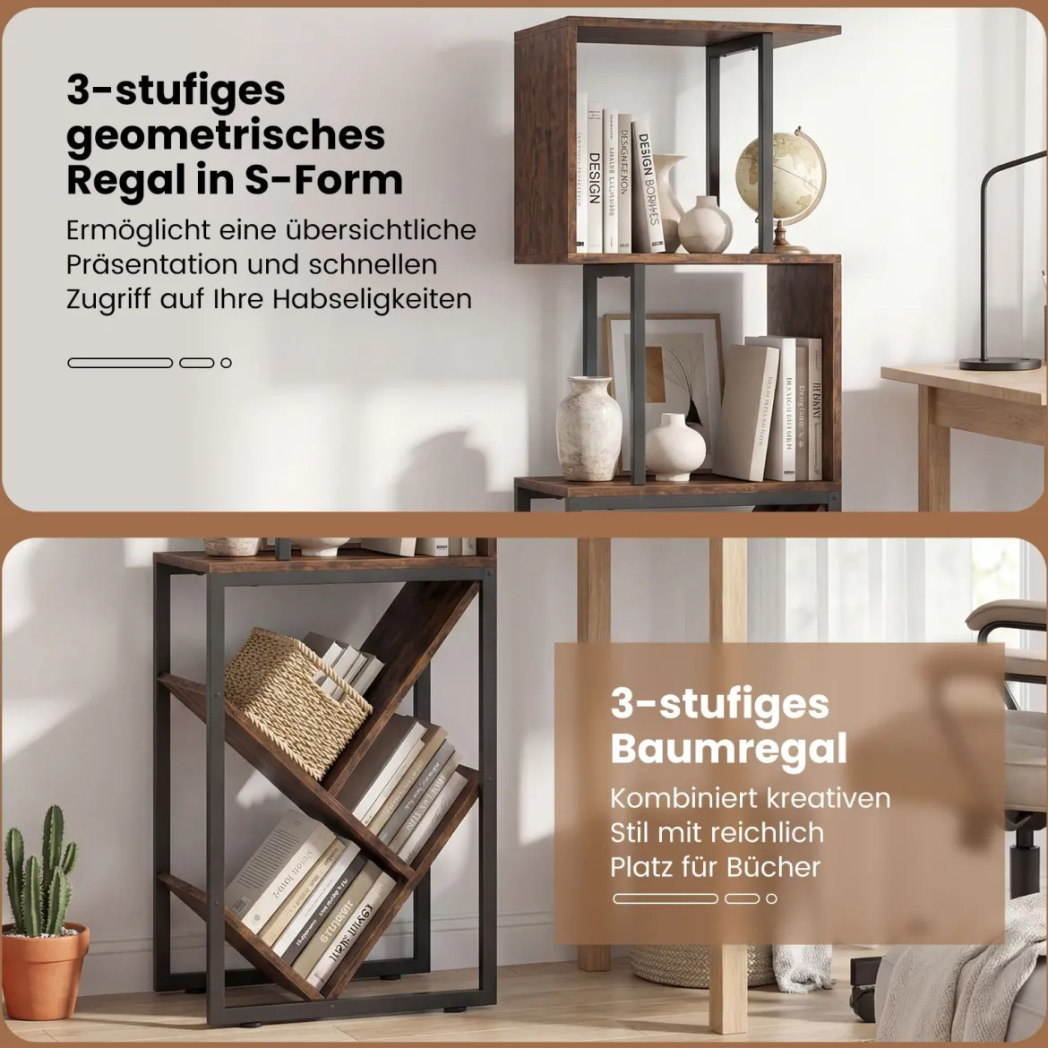 Bücherregal Standregal mit 3 offenen Ebenen & baumförmiges Regal platzsparendes Eckregal 39,5 x 25 x 122cm Rustikales Braun