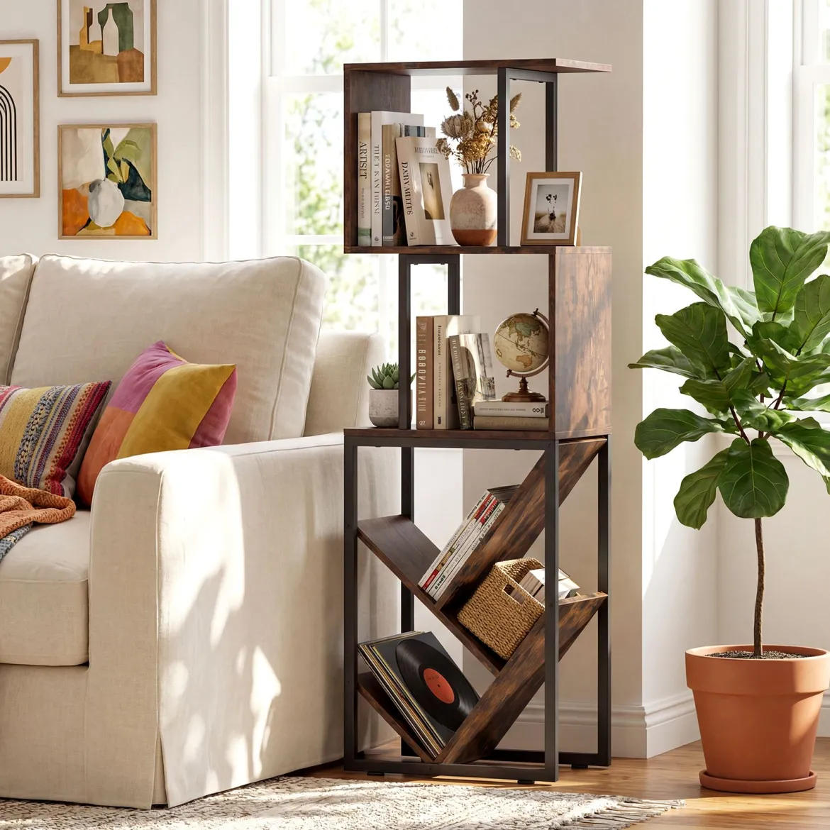 Bücherregal Standregal mit 3 offenen Ebenen & baumförmiges Regal platzsparendes Eckregal 39,5 x 25 x 122cm Rustikales Braun