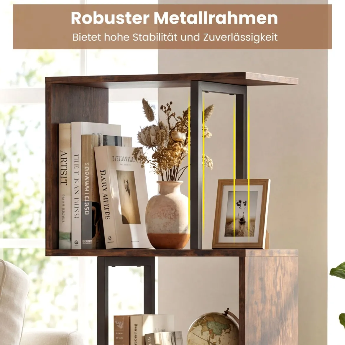 Bücherregal Standregal mit 3 offenen Ebenen & baumförmiges Regal platzsparendes Eckregal 39,5 x 25 x 122cm Rustikales Braun
