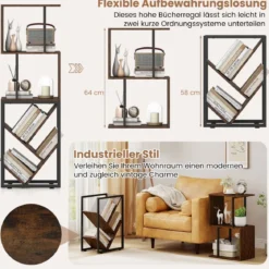 Bücherregal Standregal mit 3 offenen Ebenen & baumförmiges Regal platzsparendes Eckregal 39,5 x 25 x 122cm Rustikales Braun