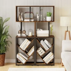 Bücherregal Standregal mit 3 offenen Ebenen & baumförmiges Regal platzsparendes Eckregal 39,5 x 25 x 122cm Rustikales Braun