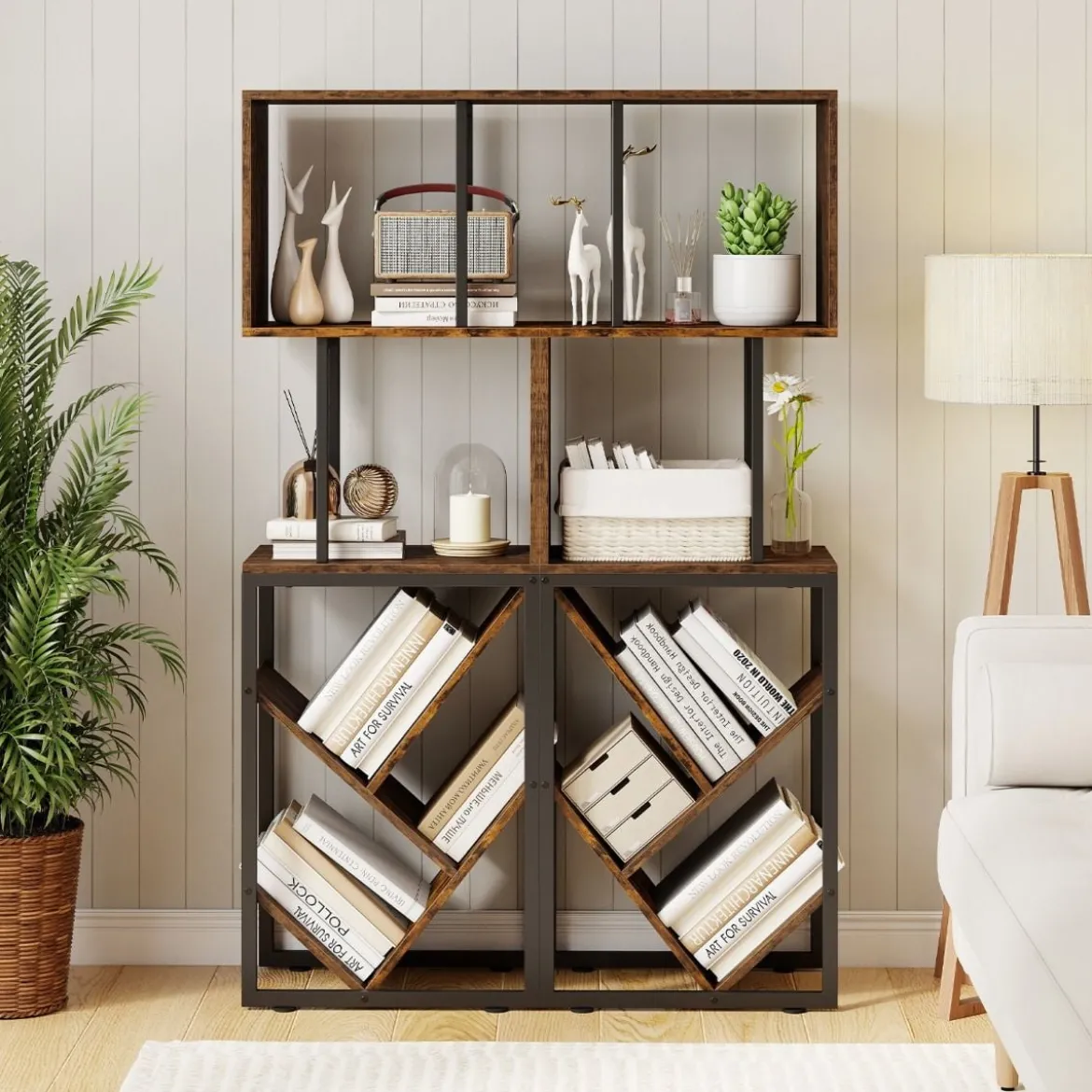 Bücherregal Standregal mit 3 offenen Ebenen & baumförmiges Regal platzsparendes Eckregal 39,5 x 25 x 122cm Rustikales Braun