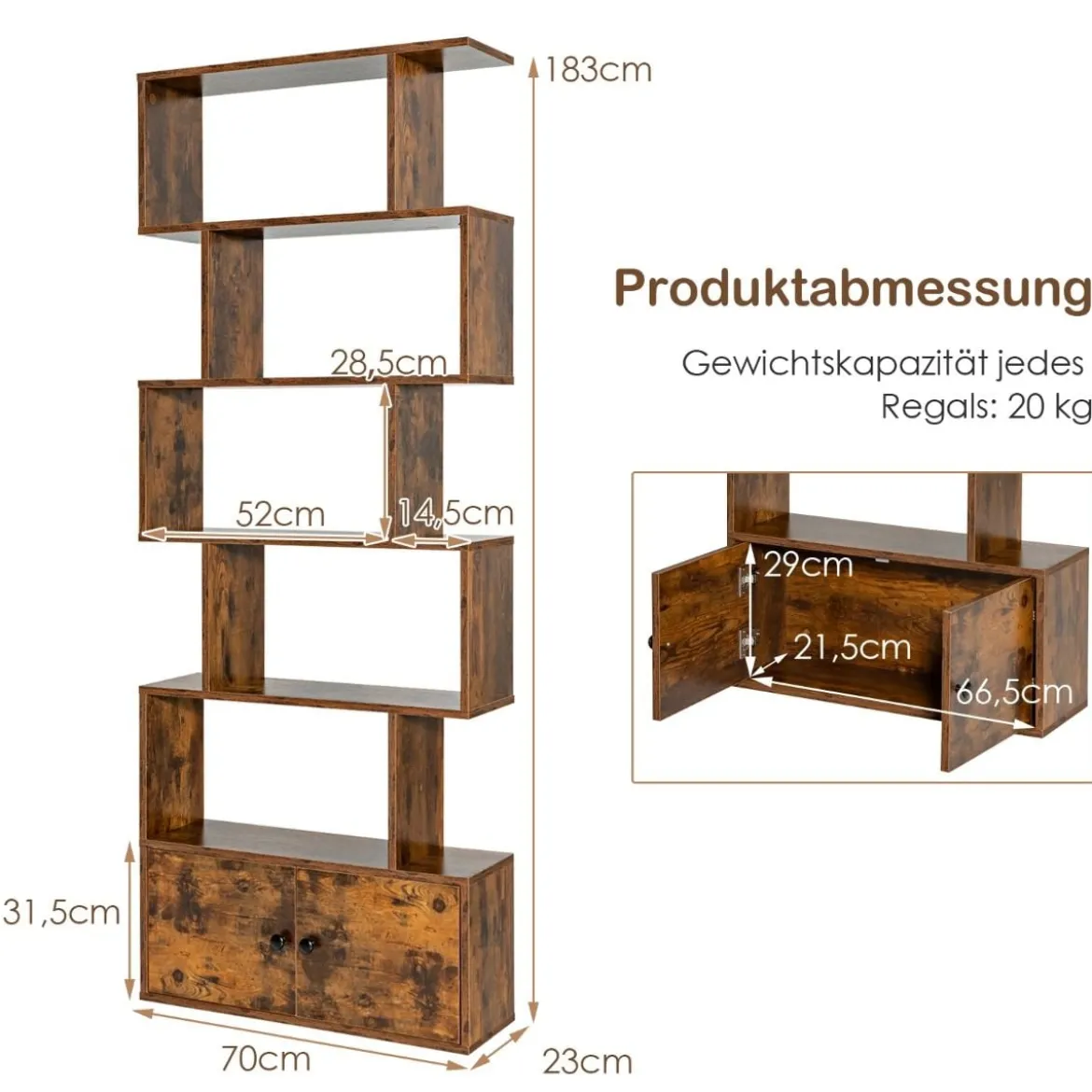 Bücherregal Standregal mit Türen 183 x 70 x 23 cm Raumteiler Regal mit 5 Ebene