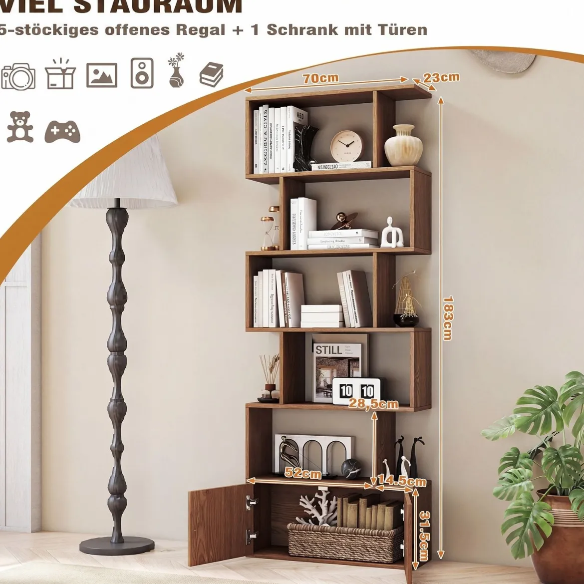 Bücherregal Standregal mit Türen 183 x 70 x 23 cm Raumteiler Regal mit 5 Ebene