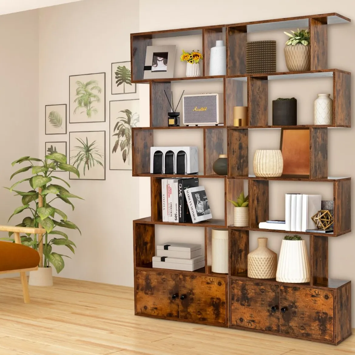 Bücherregal Standregal mit Türen 183 x 70 x 23 cm Raumteiler Regal mit 5 Ebene