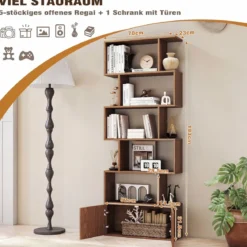 Bücherregal Standregal mit Türen 183 x 70 x 23 cm Raumteiler Regal mit 5 Ebene
