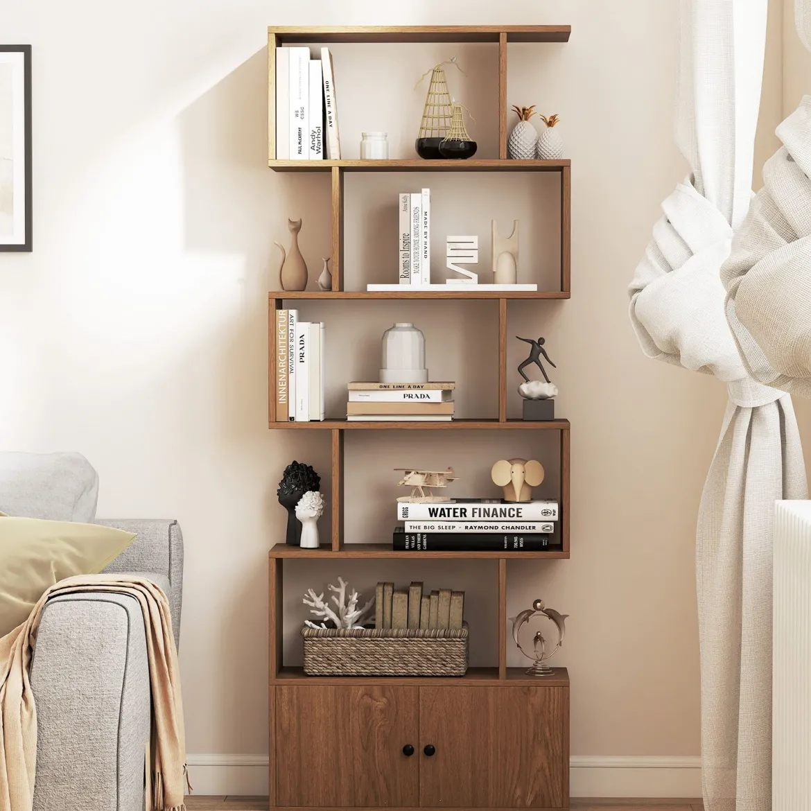 Bücherregal Standregal mit Türen 183 x 70 x 23 cm Raumteiler Regal mit 5 Ebene