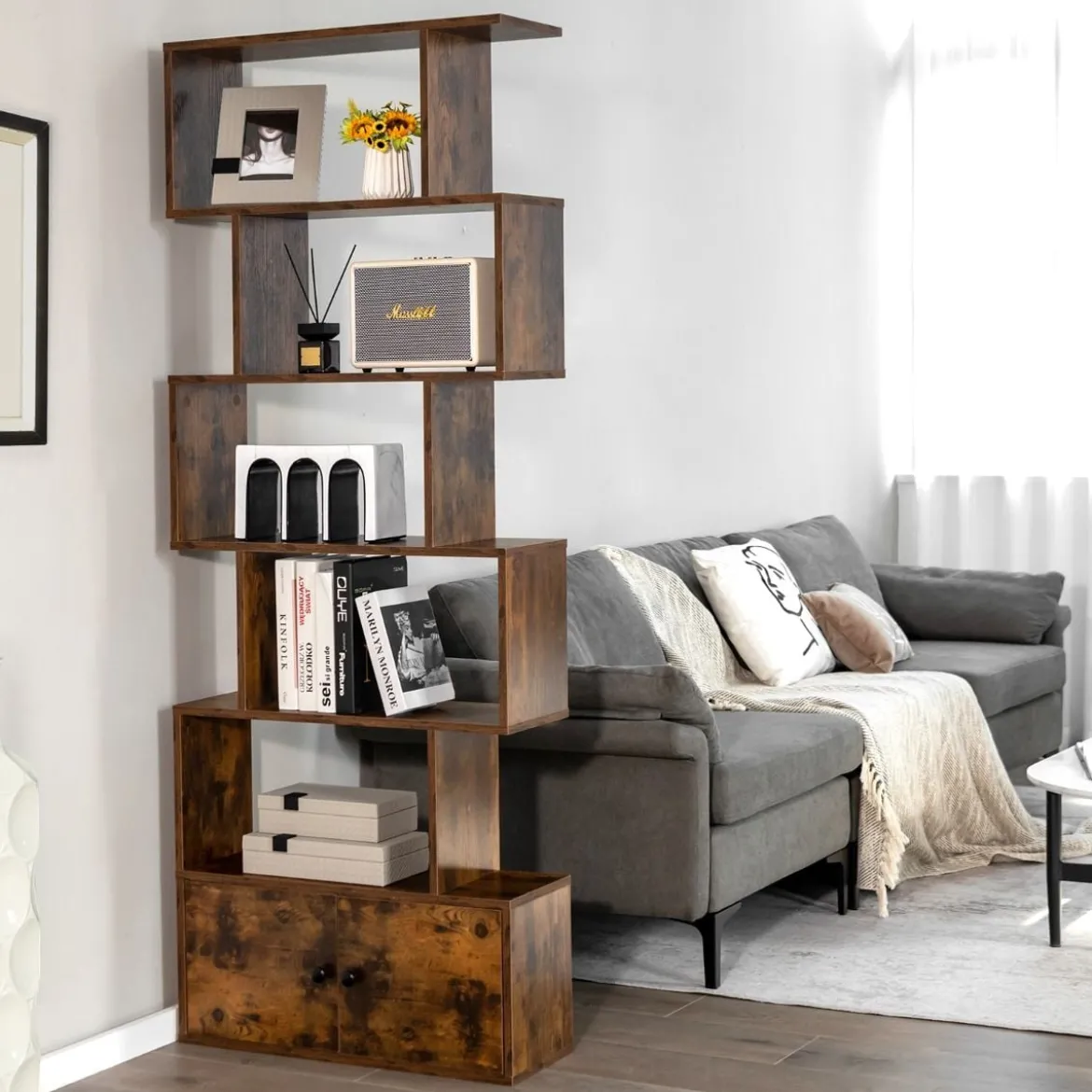 Bücherregal Standregal mit Türen 183 x 70 x 23 cm Raumteiler Regal mit 5 Ebene