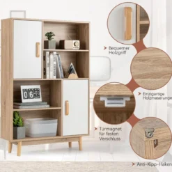Bücherregal 4-stöckiges Bücherregal mit 2 Türen 4 offene Regale 80 x 24 x 120 cm Weiß