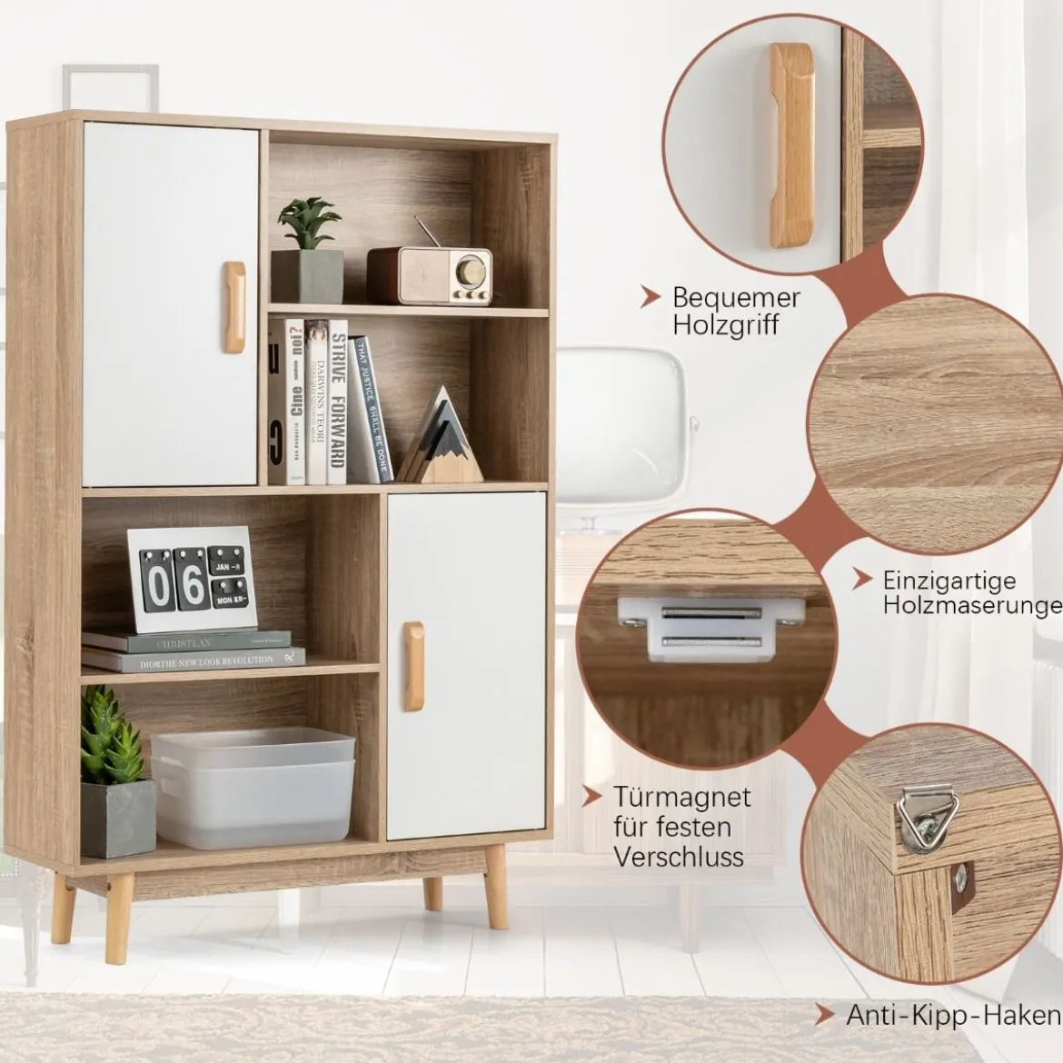 Bücherregal 4-stöckiges Bücherregal mit 2 Türen 4 offene Regale 80 x 24 x 120 cm Weiß