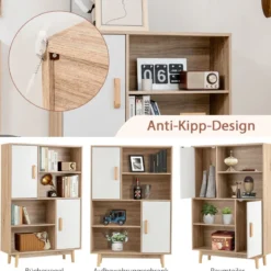 Bücherregal 4-stöckiges Bücherregal mit 2 Türen 4 offene Regale 80 x 24 x 120 cm Weiß