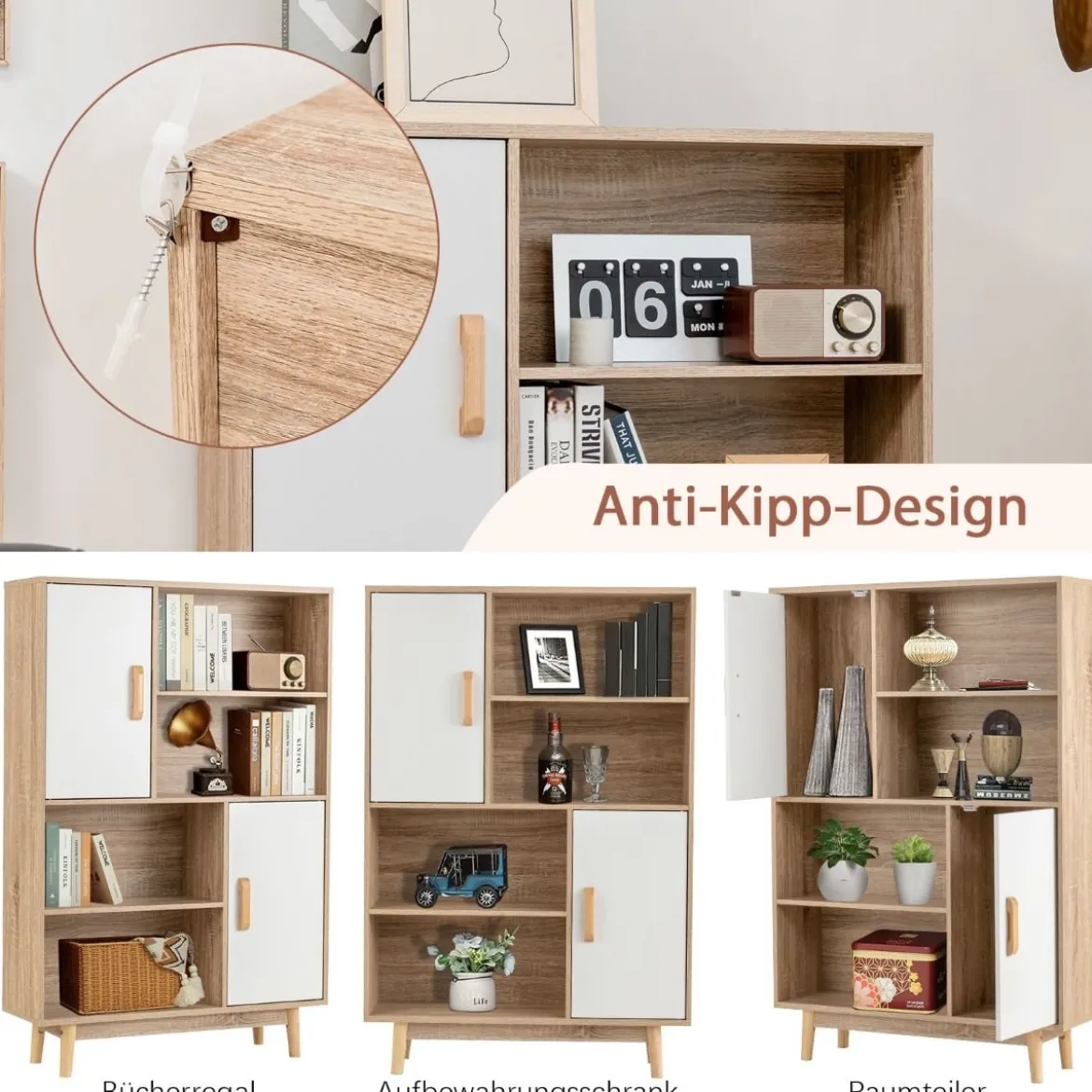 Bücherregal 4-stöckiges Bücherregal mit 2 Türen 4 offene Regale 80 x 24 x 120 cm Weiß
