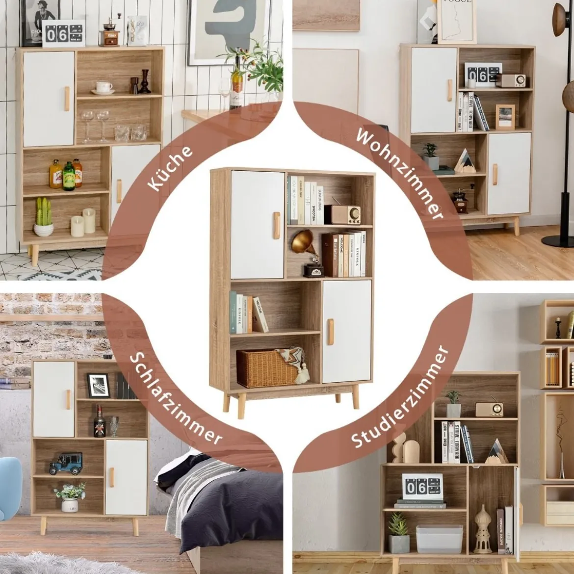 Bücherregal 4-stöckiges Bücherregal mit 2 Türen 4 offene Regale 80 x 24 x 120 cm Weiß