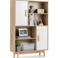 Bücherregal 4-stöckiges Bücherregal mit 2 Türen 4 offene Regale 80 x 24 x 120 cm Weiß