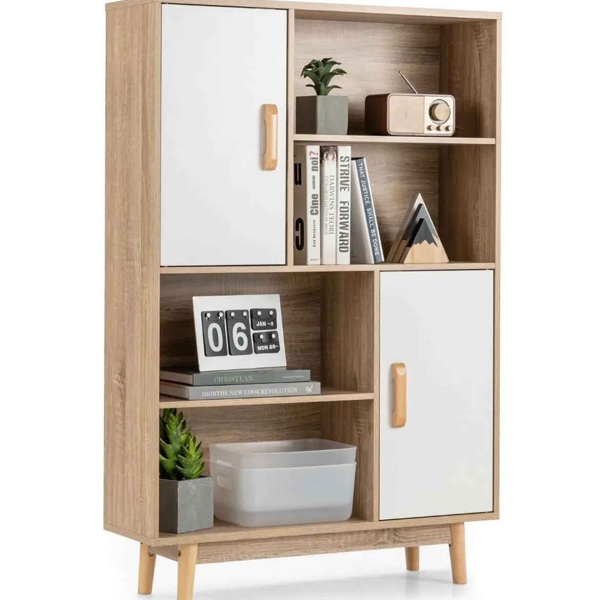 Bücherregal 4-stöckiges Bücherregal mit 2 Türen 4 offene Regale 80 x 24 x 120 cm Weiß
