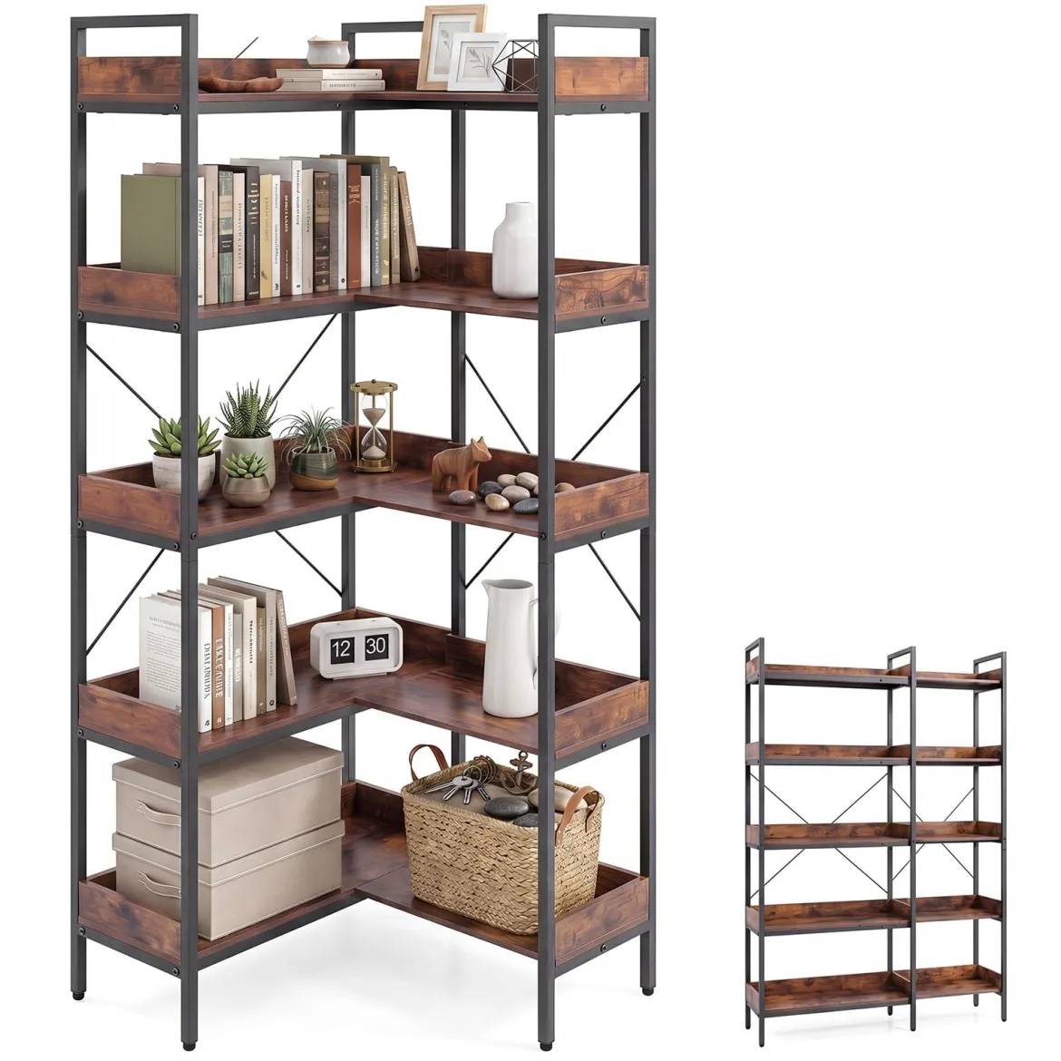 Bücherregal 5 Stöckiges L-Form Eckregal mit Erhöhten Seitenkanten 72 x 69 x 167 cm Braun