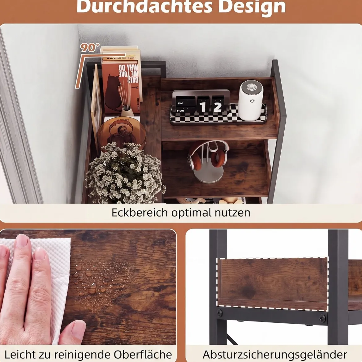 Bücherregal 5 Stöckiges L-Form Eckregal mit Erhöhten Seitenkanten 72 x 69 x 167 cm Braun