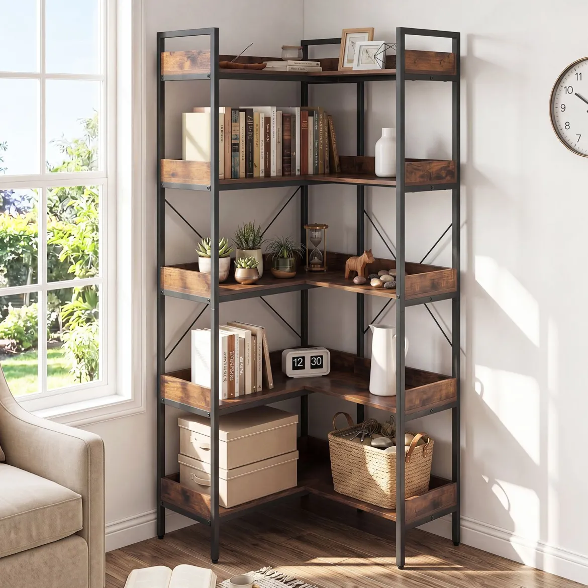 Bücherregal 5 Stöckiges L-Form Eckregal mit Erhöhten Seitenkanten 72 x 69 x 167 cm Braun