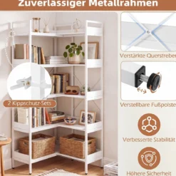 Bücherregal 5 Stöckiges L-Form Eckregal aus Holz mit Erhöhten Seitenkanten 72 x 69 x 167 cm Weiß