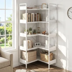 Bücherregal 5 Stöckiges L-Form Eckregal aus Holz mit Erhöhten Seitenkanten 72 x 69 x 167 cm Weiß