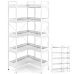 Bücherregal 5 Stöckiges L-Form Eckregal aus Holz mit Erhöhten Seitenkanten 72 x 69 x 167 cm Weiß