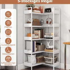 Bücherregal 5 Stöckiges L-Form Eckregal aus Holz mit Erhöhten Seitenkanten 72 x 69 x 167 cm Weiß