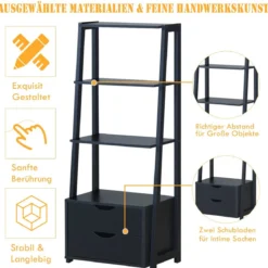 Bücherregal 4-Stöckiges Modernes Holzregal Leiterregal mit Schubladen Badezimmerregal Schwarz