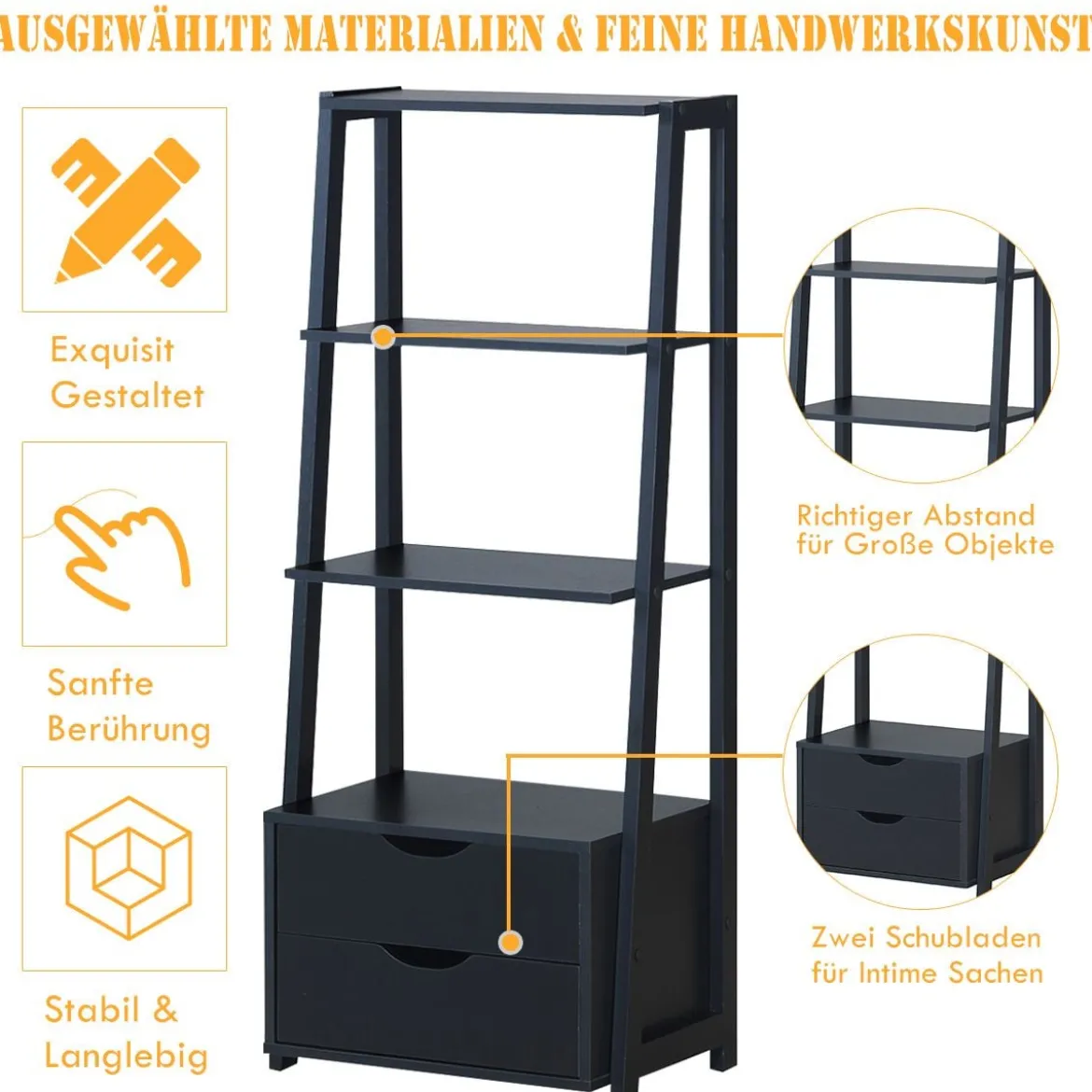 Bücherregal 4-Stöckiges Modernes Holzregal Leiterregal mit Schubladen Badezimmerregal Schwarz