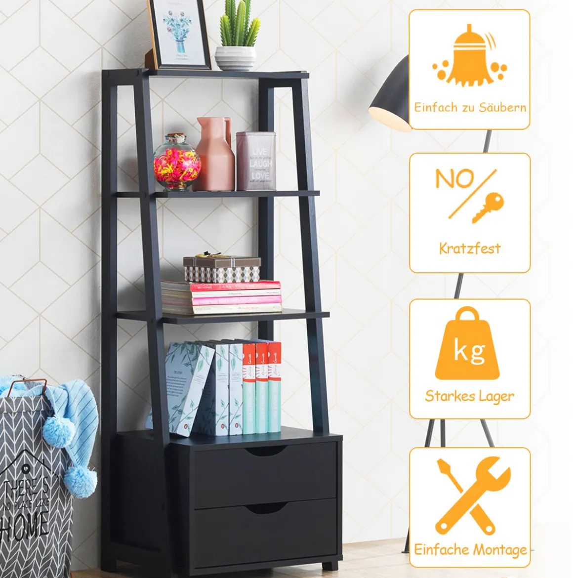Bücherregal 4-Stöckiges Modernes Holzregal Leiterregal mit Schubladen Badezimmerregal Schwarz