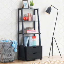 Bücherregal 4-Stöckiges Modernes Holzregal Leiterregal mit Schubladen Badezimmerregal Schwarz