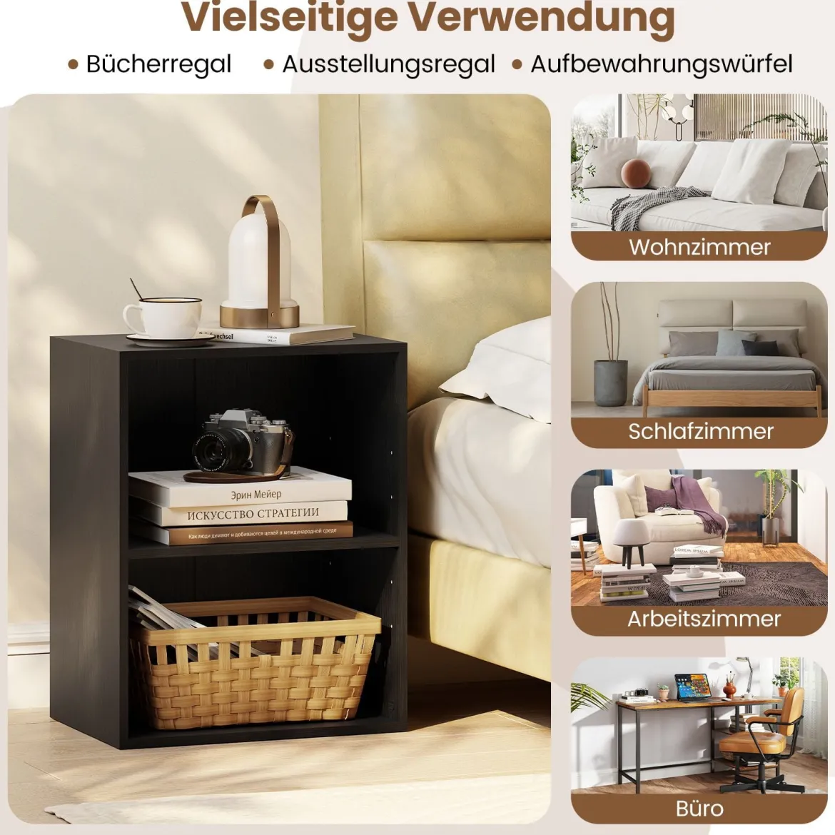 Bücherregal 2-stöckiges Regal offenes Aufbewahrungsregal aus Holz Schwarz 42 x 29,5 x 53,5 cm