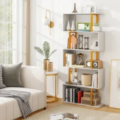 Bücherregal Weiß Standregal mit 5 Ebenen S-förmig Büroregal freistehend 70 x 24 x 157 cm