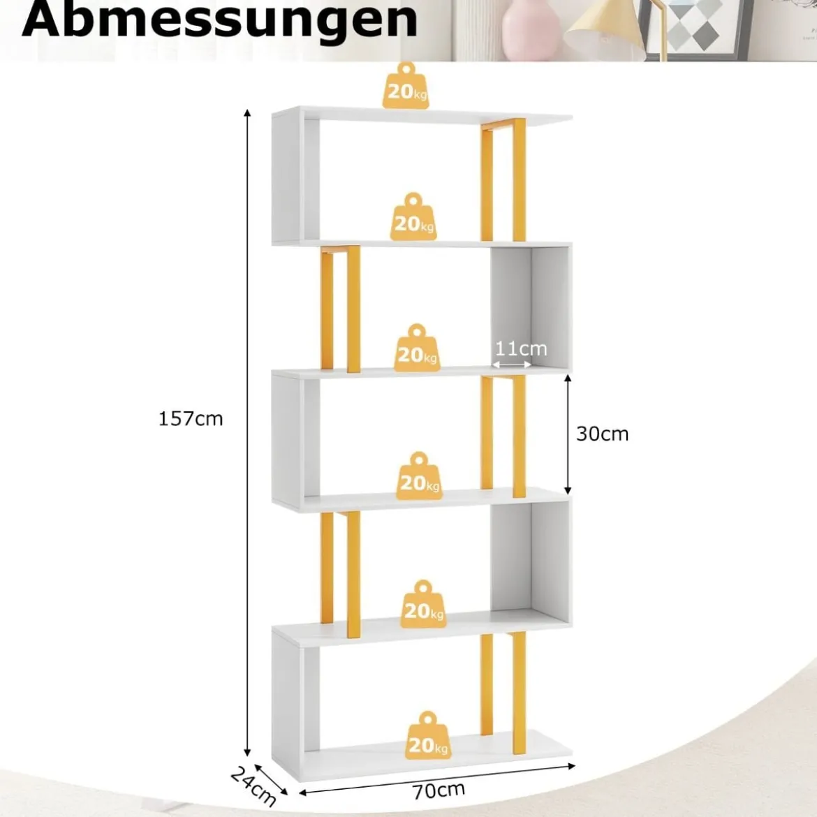 Bücherregal Weiß Standregal mit 5 Ebenen S-förmig Büroregal freistehend 70 x 24 x 157 cm