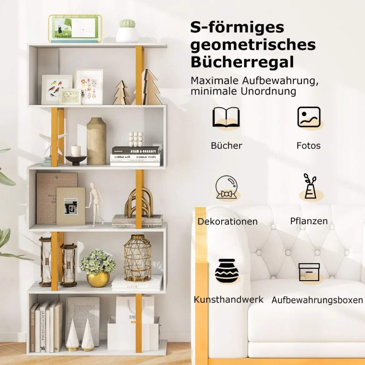 Bücherregal Weiß Standregal mit 5 Ebenen S-förmig Büroregal freistehend 70 x 24 x 157 cm