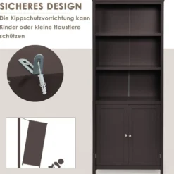 Bücherschrank Bücherregal mit Türen & 3 offenen Regalen Standregal Aktenregal Kaffee