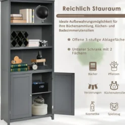 Bücherschrank Bücherregal mit Türen & 3 offenen Regalen Standregal Aktenregal Grau
