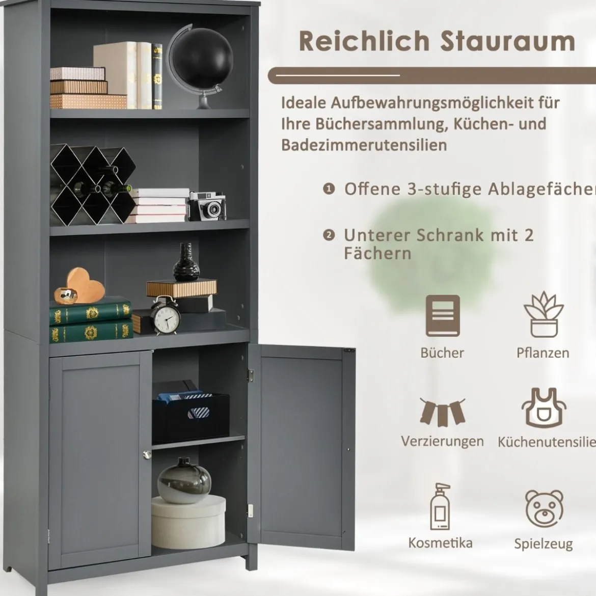 Bücherschrank Bücherregal mit Türen & 3 offenen Regalen Standregal Aktenregal Grau