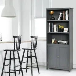 Bücherschrank Bücherregal mit Türen & 3 offenen Regalen Standregal Aktenregal Grau