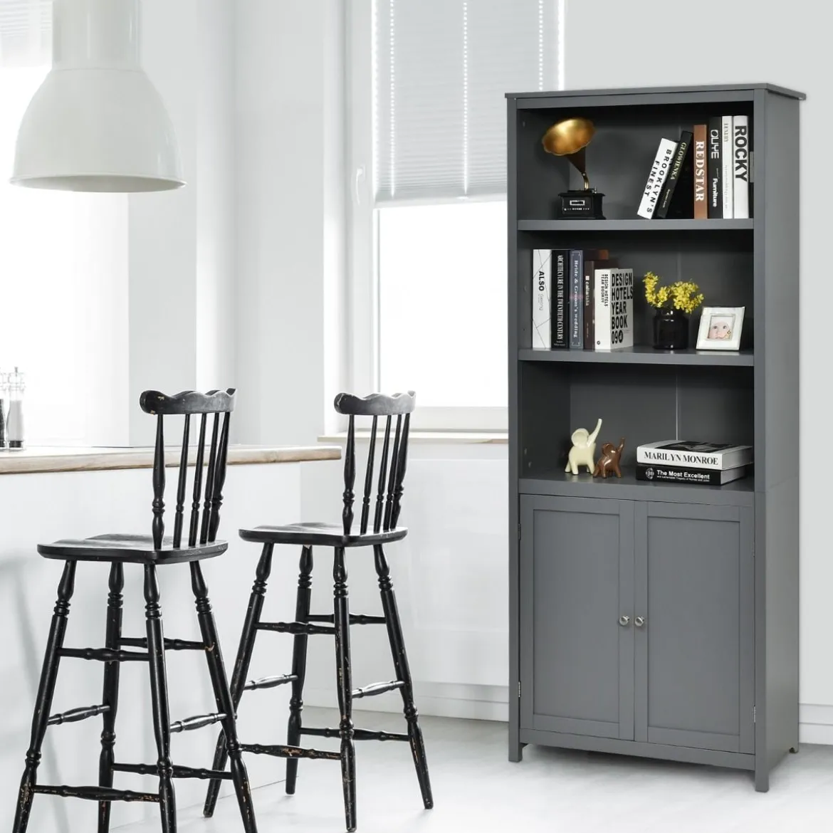 Bücherschrank Bücherregal mit Türen & 3 offenen Regalen Standregal Aktenregal Grau