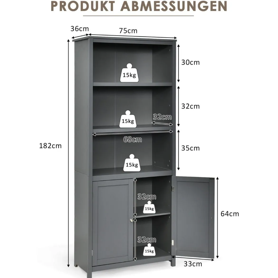 Bücherschrank Bücherregal mit Türen & 3 offenen Regalen Standregal Aktenregal Grau