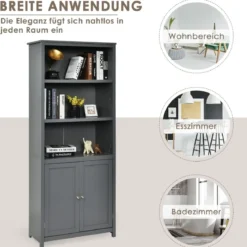Bücherschrank Bücherregal mit Türen & 3 offenen Regalen Standregal Aktenregal Grau