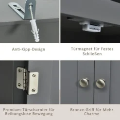 Bücherschrank Bücherregal mit Türen & 3 offenen Regalen Standregal Aktenregal Grau
