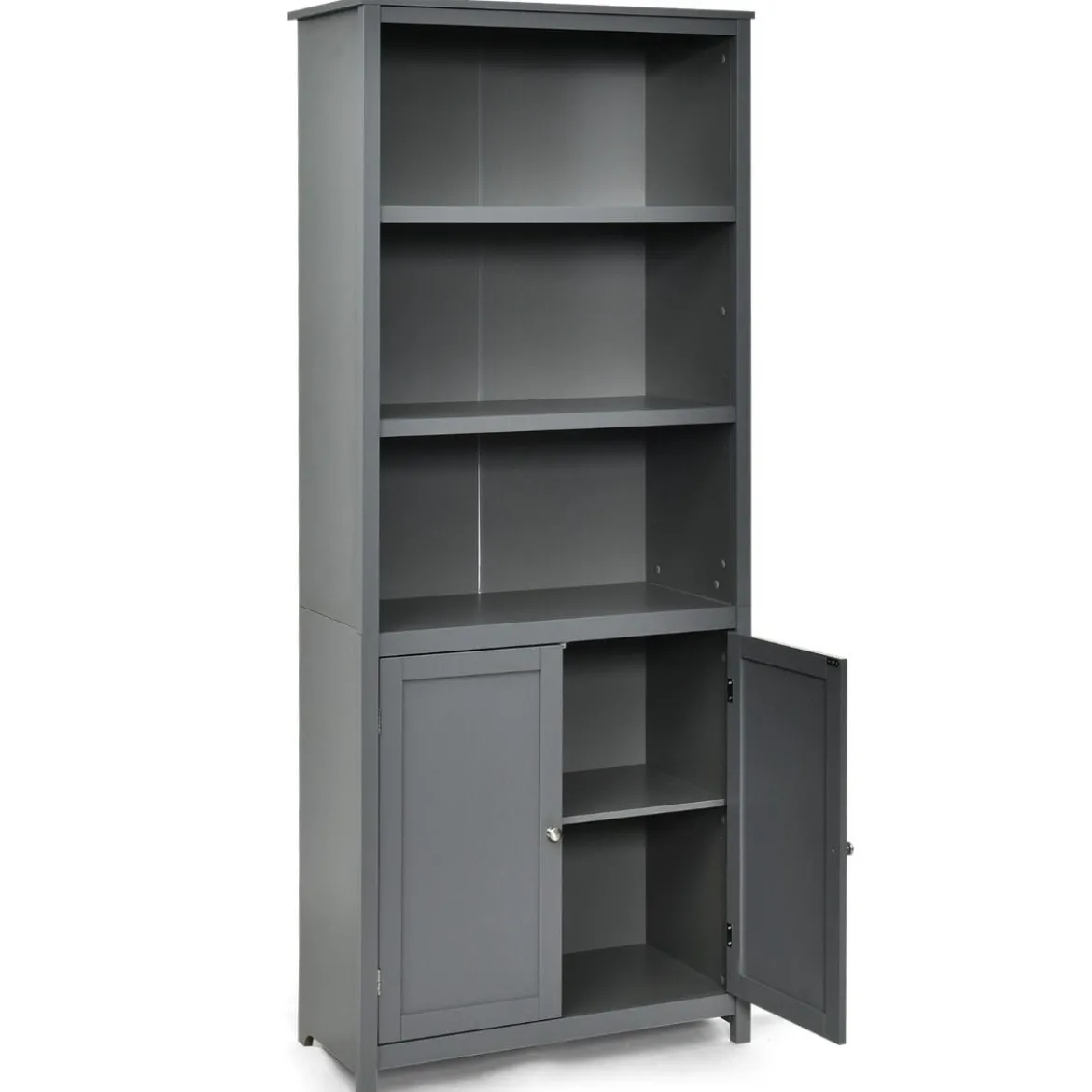 Bücherschrank Bücherregal mit Türen & 3 offenen Regalen Standregal Aktenregal Grau
